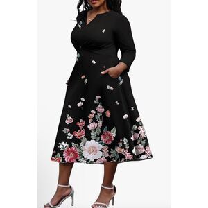 NEW Plus Size Stretchy Floral Midi 3/4 Sleeve A-Line Dress 3X